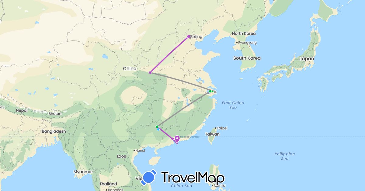TravelMap itinerary: bus, plane, train, boat in China, Hong Kong (Asia)